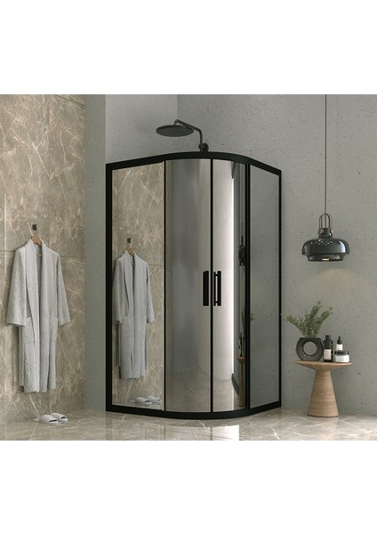 90 x 90 Oval Aynalı Reflekte Cam Kabin 2 Sabit 2 Sürgü Siyah Profil 6mm 90X90 cm
