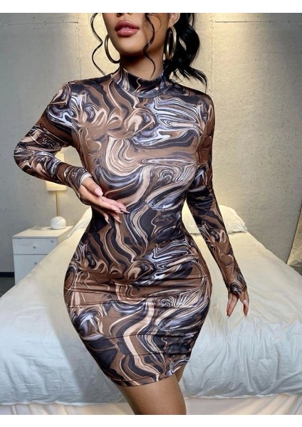 Kadın Uzun Kollu Balıkçı Yaka Desenli Dalgıç Elbise fiyatları