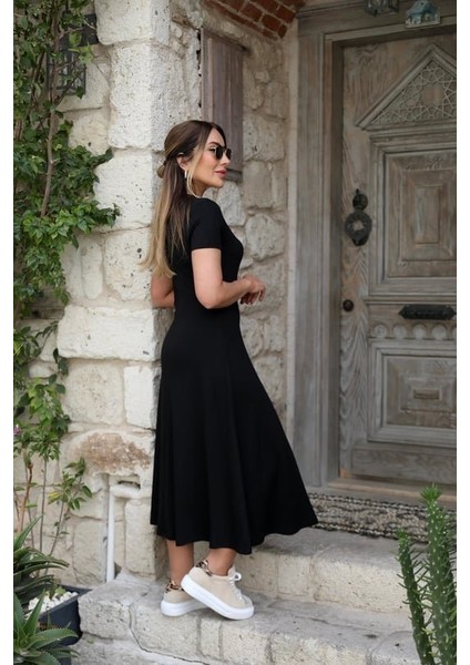 Kadın Kısa Kollu V Yaka Maxi Boy Elbise 124 cm fırsatları