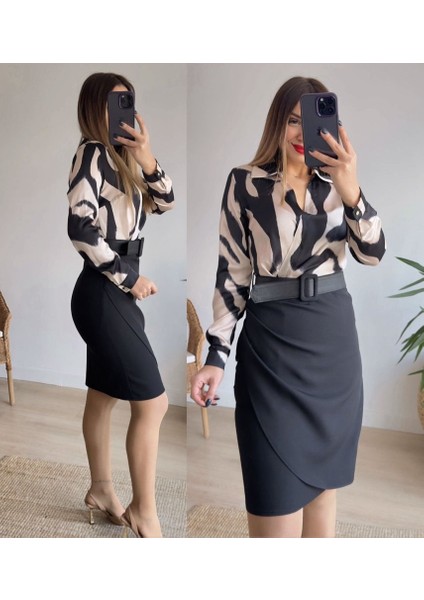 Kadın Uzun Kollu Yakalı Üst Dalgıç Eteği Krep Kemerli Elbise fırsatları