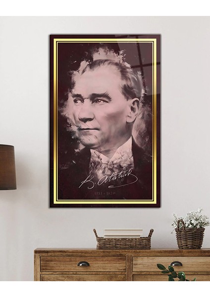 Gold Şerit Atatürk Cam Tablo, Uv Baskılı ve Temperli, Hediyelik 130X80 cm