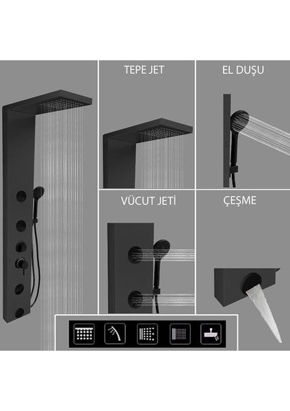 Venüs Antrasit Gri Premium Masajlı Duş Paneli - Dikey Jakuzi - Robot Duş - El Duşu - Lüx Duş modelleri
