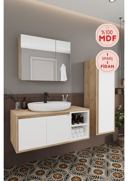 Lale Beyaz 100 cm %100 Mdf Lavabolu Banyo Dolabı + Aynalı Dolap + Boy Dolabı
