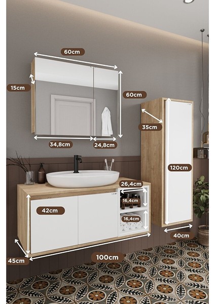 Lale Beyaz 100 cm %100 Mdf Lavabolu Banyo Dolabı + Aynalı Dolap + Boy Dolabı modelleri