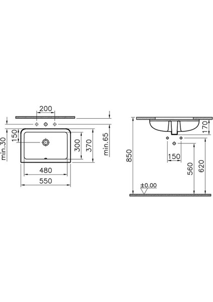 S20 Tezgahaltı Lavabo 7475B003-0618 Dikdörtgen - 55X37 cm - Armatür Deliksiz - Su Taşma Delikli - Beyaz