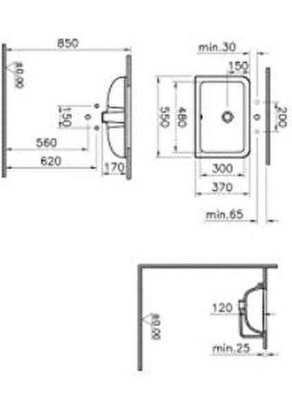 S20 Tezgahaltı Lavabo 7475B003-0618 Dikdörtgen - 55X37 cm - Armatür Deliksiz - Su Taşma Delikli - Beyaz
