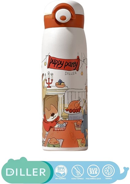 Diller 500ML Yeni Koleksiyon Sevimli Hayvanlar Desenli Rahat Içim Kilitli Kapak Paslanmaz Çelik Termos Puppy Party