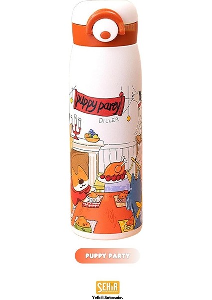Diller 500ML Yeni Koleksiyon Sevimli Hayvanlar Desenli Rahat Içim Kilitli Kapak Paslanmaz Çelik Termos Puppy Party