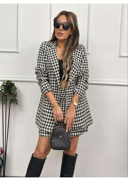 Kadın Kazayağı Desen Vatka Detay Kaban ve Yüksek Bel Etek Ikili Takım