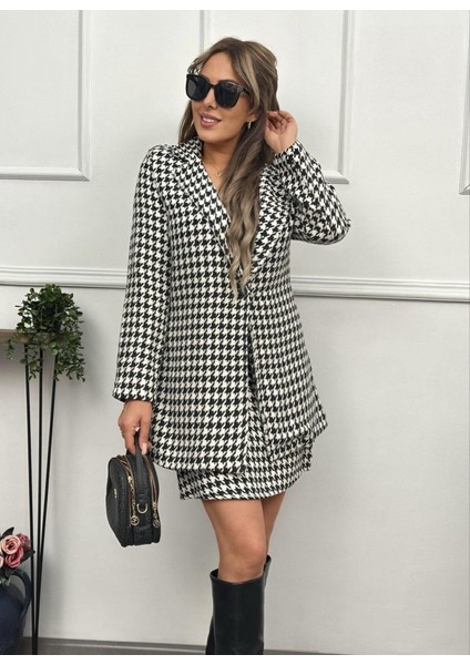 Kadın Kazayağı Desen Vatka Detay Kaban ve Yüksek Bel Etek Ikili Takım