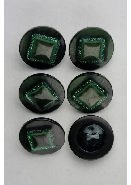 Akrilik Kare Desenli Simli Yuvarlak Yeşil Kaban Çeket Hırka Yelek Düğmesi 6 Adet