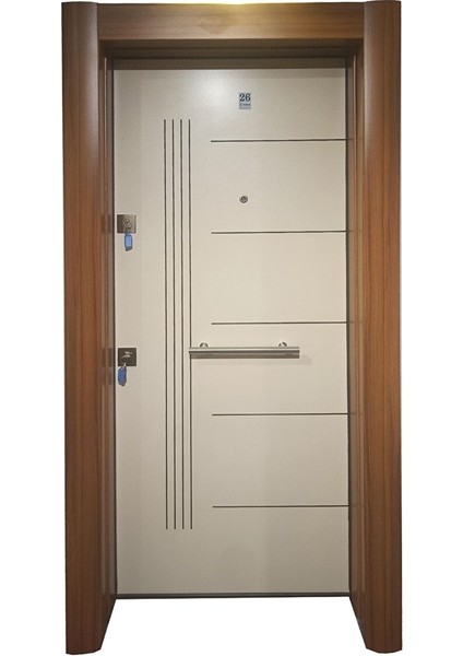 Çelik Kapı Ahşap Kaplama Krem Rengi Tırnaklı Kale Kilitli Çelik Kapı Daire Kapısı Sağ Açılım