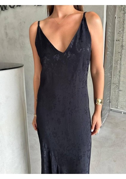 Jakarlı Askılı Saten Elbise Asimetrik - Siyah fırsatları