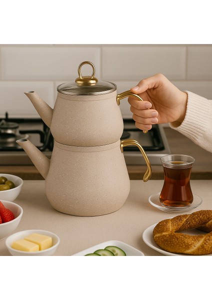 Granit Kaplama Gold Kulplu Cam Kapak Çaydanlık Bej Renk
