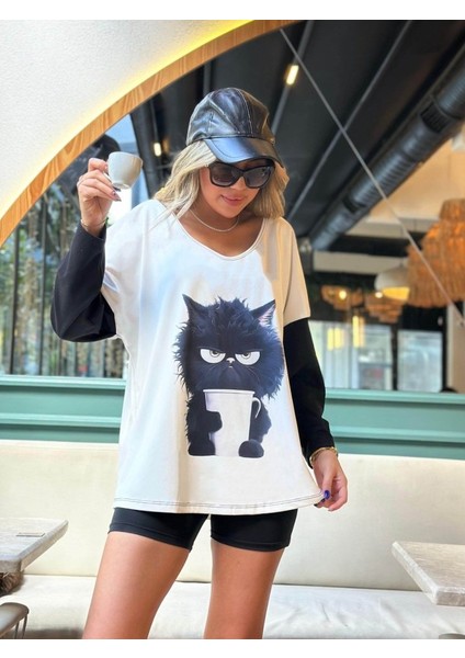 Kadın Uzun Kollu V Yakalı Kedi Baskılı Şardonlu Dalgıç Bluz fiyatları