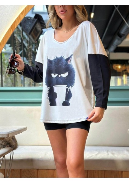 Kadın Uzun Kollu V Yakalı Kedi Baskılı Şardonlu Dalgıç Bluz