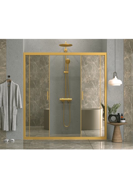 Iskit Duşakabin 152 cm 2 Sabit 2 Sürgü Iki Duvar Arası Karolaj Gold Profil 6mm Şeffaf Kabin 152 cm fiyatları