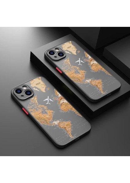 iPhone 13 ve 14 Uyumlu Kamera Korumalı Mat Transparan Plastik Arka Kapak Tpu Silikon Kenarlar Şık ve Dayanıklı Koruma Hux Kılıf Kapak (Siyah Harita)