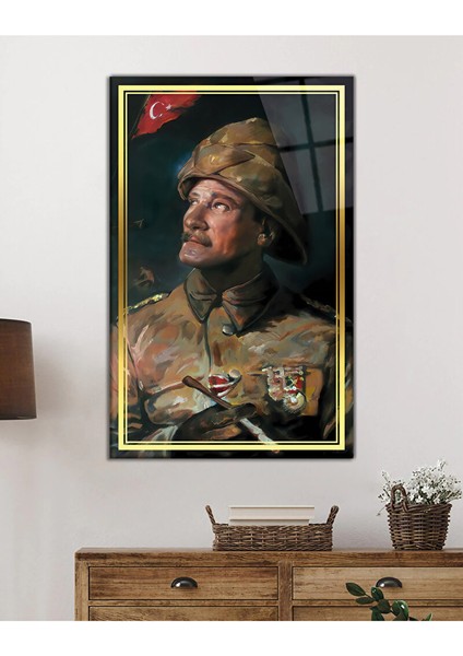 Gold Şerit Yapay Zeka Üniformalı Atatürk Cam Tablo, Uv Baskılı ve Temperli, Hediyelik 130X80 cm