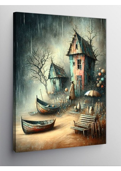 Kanvas Tablo Kıyıdaki Tekneler ve Sahil Evleri 100X140 cm