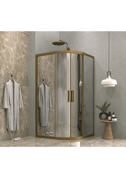 90 x 90 Oval Aynalı Reflekte Cam Kabin 2 Sabit 2 Sürgü Bronz Profil 6mm 90X90 cm