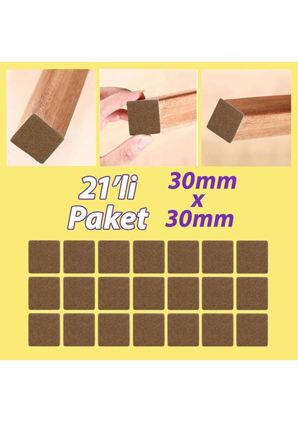 Yapışkanlı Kare Keçe Masa Sandalye Parke Zemin Ayak Koruyucu Kaydırmaz Keçesi 30X30 mm (21'li̇ Paket)