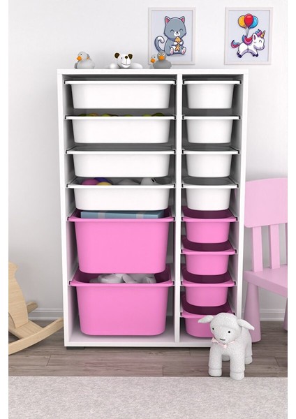 Rine 14 Sepetli Çok Amaçlı Oyuncak Dolabı Pembe Beyaz 2D4K8U