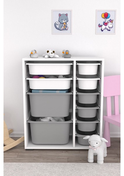 Zen 10 Sepetli Çok Amaçlı Oyuncak Dolabı Beyaz Gri 2D2K6U