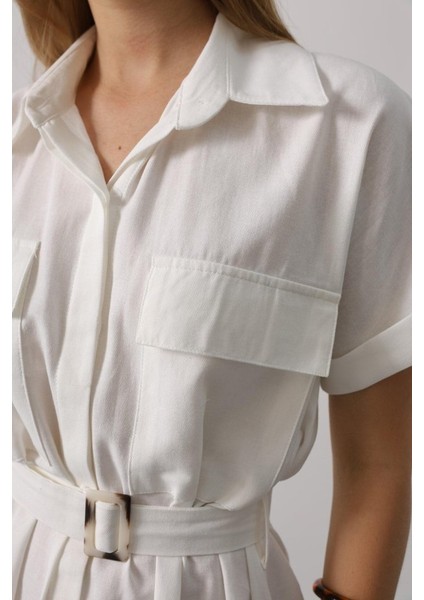 Kuşaklı Cep Detaylı Yarım Kol Elbise - Beyaz fırsatları