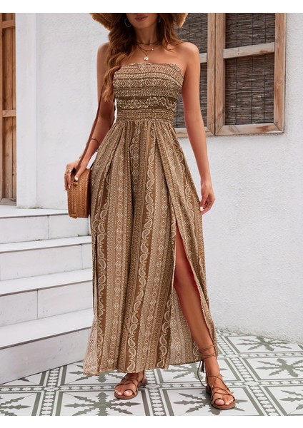 Kadın Yakası Gipe Detaylı Önden Yırtmaç Detaylı Desenli Süprem Pantolon Etek fiyatları