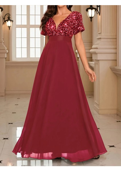 Kadın Kısa Kollu Derin V Yakalı A Kesim Pulpayet Detaylı Şifon Nedime Elbisesi modelleri