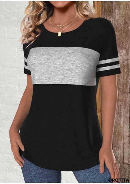 Kadın Kısa Kollu Bisiklet Yaka Çift Renkli Viskon Bluz modelleri