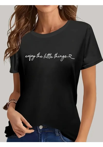 Kadın Kısa Kollu Önü Yazı Baskılı Basic Süprem Bluz