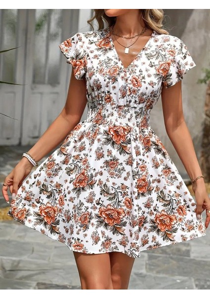 Kadın Kısa Kollu Kruvaze Yakalı Çiçek Desenli Süprem Elbise indirimleri