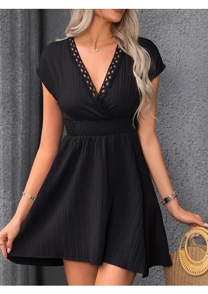 Kadın Kısa Kollu Kruvaze Yakalı Beli Lastikli Bürümcük Elbise modelleri