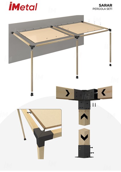 Sarar Ahşap Pergola Seti Duvardan Iki Bölümlü 90X90 mm Ahşaplar ve Tente Dahil