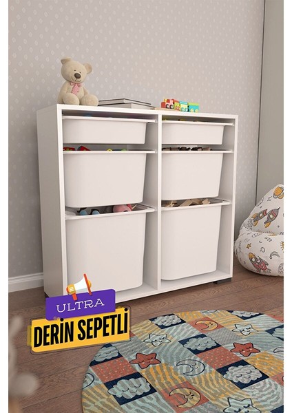 Carla 2 + 2 + 2 Beyaz Ultra Derin Sepetli Çok Amaçlı Dolap Oyuncak Dolabı