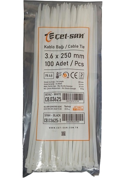 3,6X250 Kablo Bağı Beyaz 100 Adet