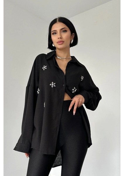 Siyah Taş Işlemeli Gömlek
