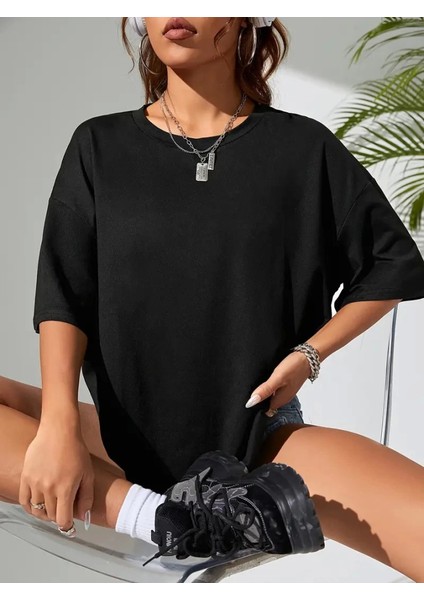 Baskılı Oversize Bisiklet Yaka T-Shirt - Siyah fiyatları