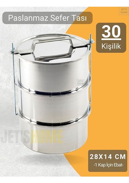 3’lü Sefer Tası 28X14 cm Yemek Taşıma Kabı Paslanmaz Çelik No:9 Kapasite 30 Kişilik