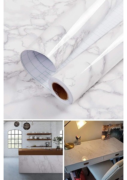 Bien Home 10099 Mermer Mutfak Tezgah Üstü Folyo Beyaz Yapışkanlı Folyo 45CM x 1m GK10099
