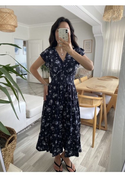 Kadın Kısa Kollu Kruvaze Yakalı Beli Lastikli Çiçek Desenli Elbise fiyatları