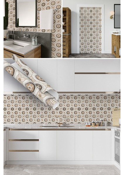 Çiçek Motifli Yapışkanlı Folyo, Mozaik Fayans Görünümlü Mutfak, Banyo, Mobilya Kaplama 0329 45X1500 cm
