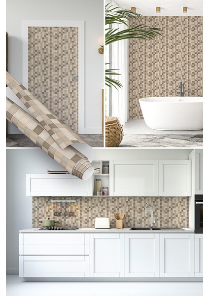 Açık Kahve Mozaik Taş Desenli Yapışkanlı Folyo Silinebilir Tezgaharası Kaplama Folyosu 0343 45X1500 cm
