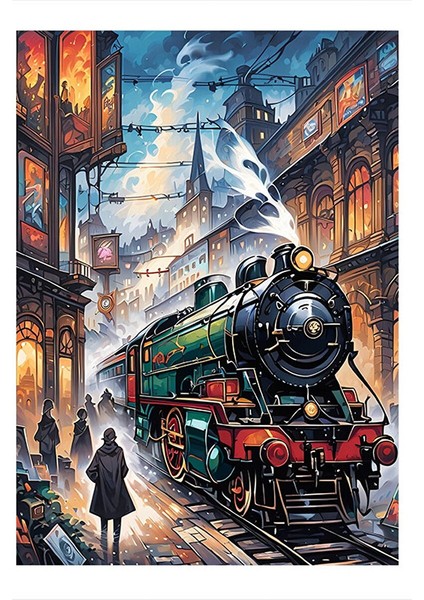 Buharlı Tren ve Istasyon Mdf Poster 35CM X50CM 35X50 cm