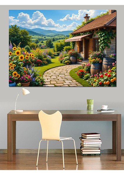 Kır Çiçekli Bahçe Manzarası Dekoratif Kanvas - Mdf Ahşap Tablo 70X100 cm