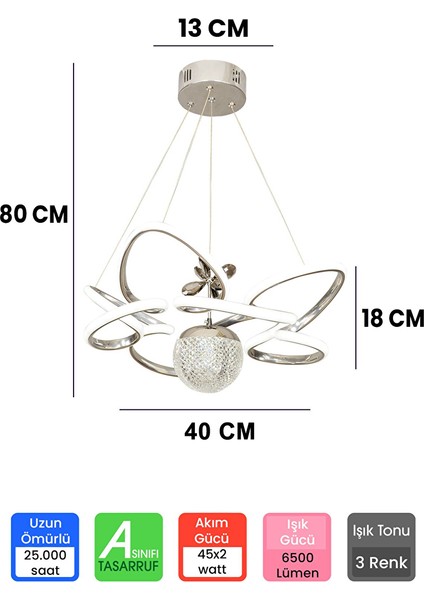 Modern 3 Renk Kumandalı Krom Büyük Boy Salon Avize Toplu LED Avize