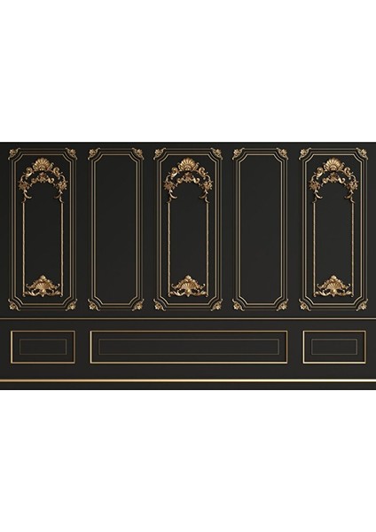 Ps 830 - Siyah ve Altın Varaklı Klasik Panel Desenli Poster Duvar Kağıdı 400X260 cm