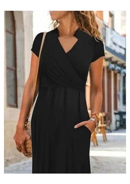 Kadın Kısa Kollu Hakim V Yaka Viskon Elbise fiyatları